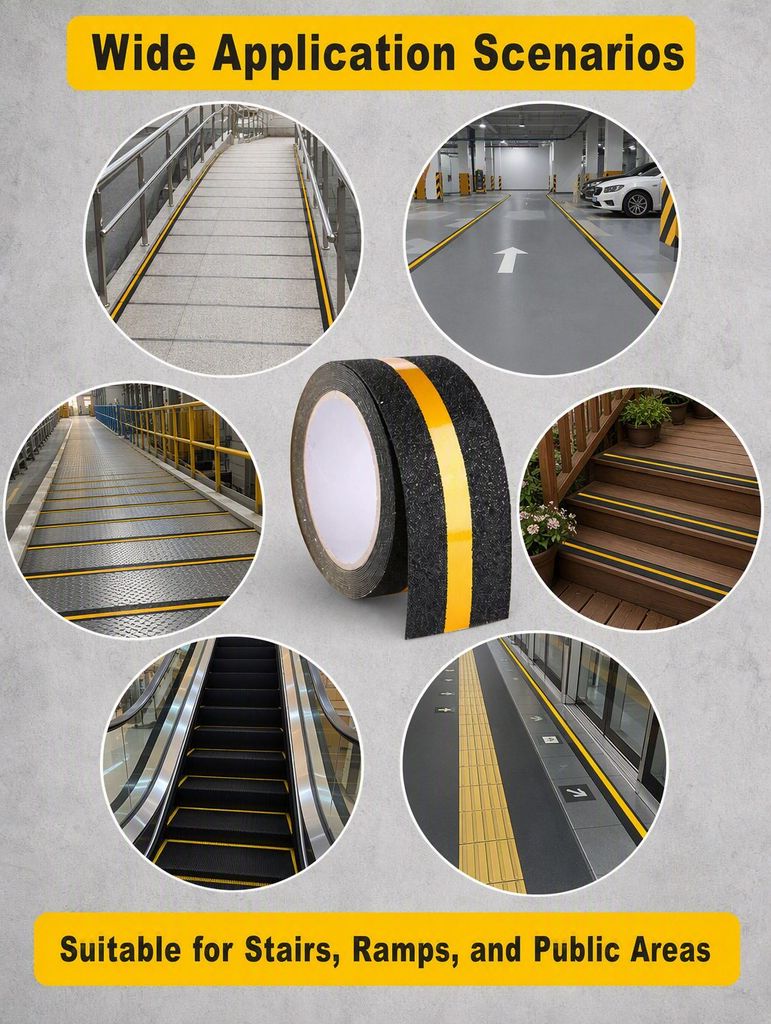 Reflective anti-slip tape application guide: pedestrian ramps, car park lanes, warehouse grating, wooden stairs, escalators and public transit platforms