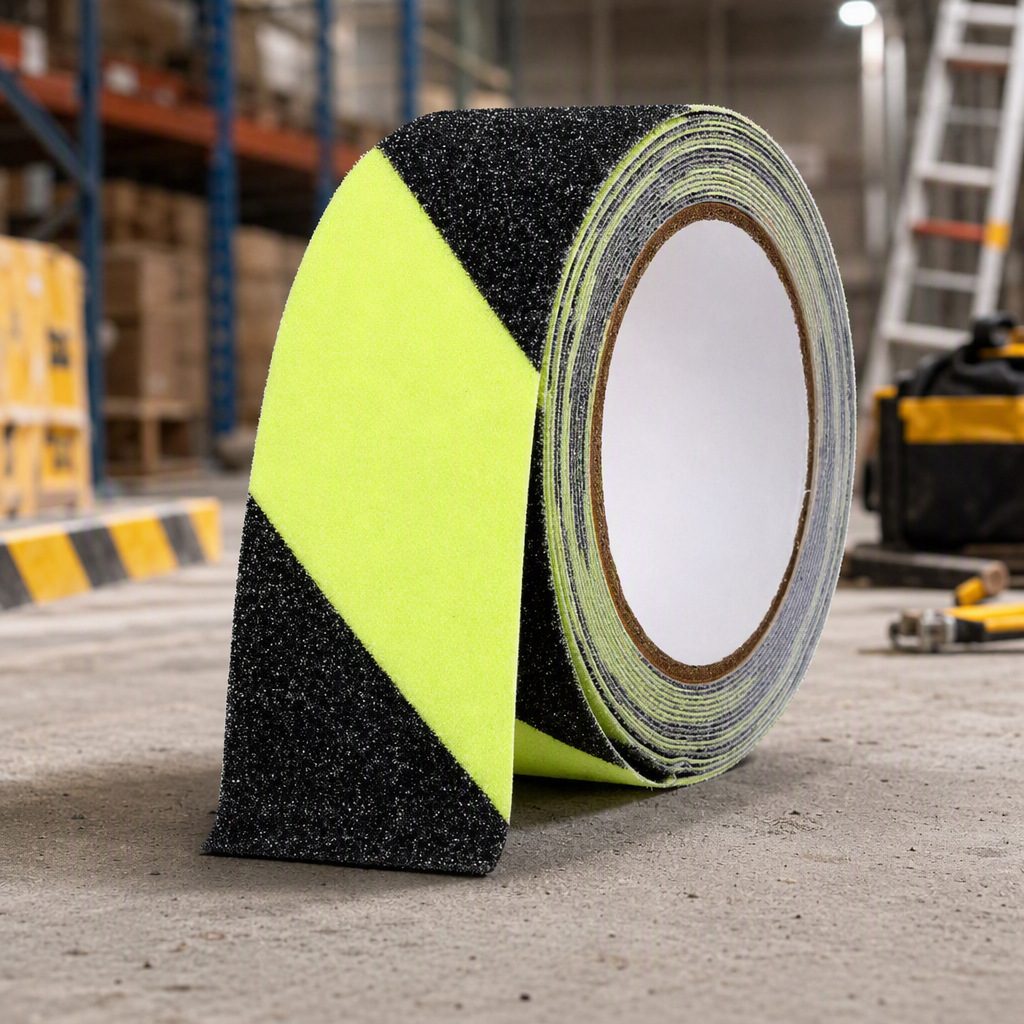 Black and yellow diagonal striped glow-in-the-dark anti-slip tape roll
