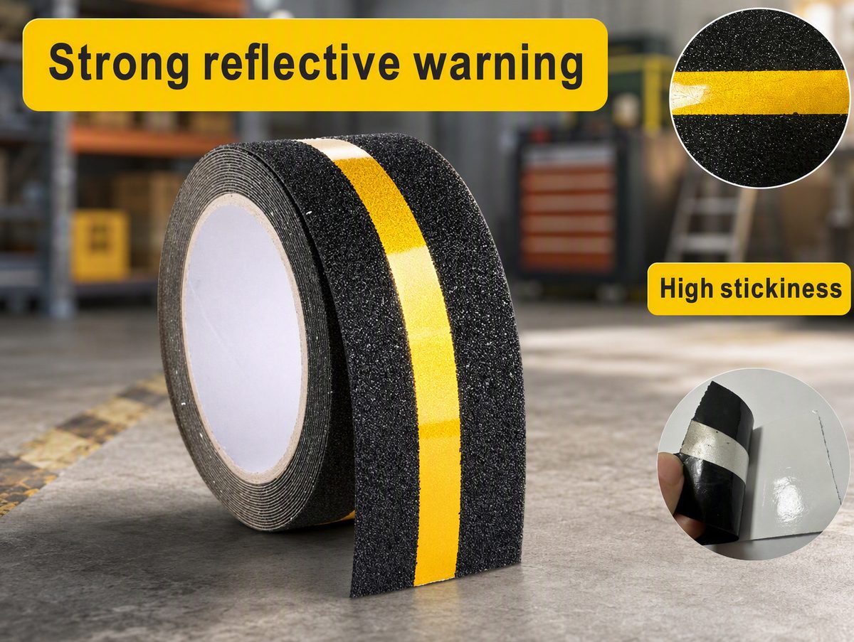 PET anti-slip tape with centered yellow reflective strip — black grit tape with strong reflective warning and high stickiness