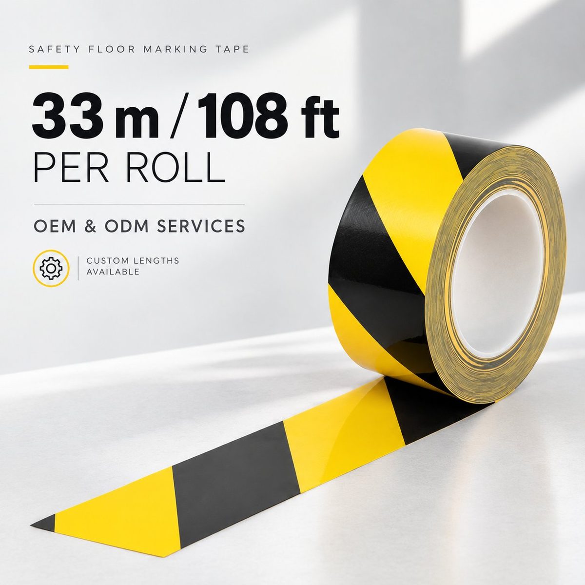 Self-adhesive black and yellow diagonal stripe floor marking tape, 33 m / 108 ft per roll