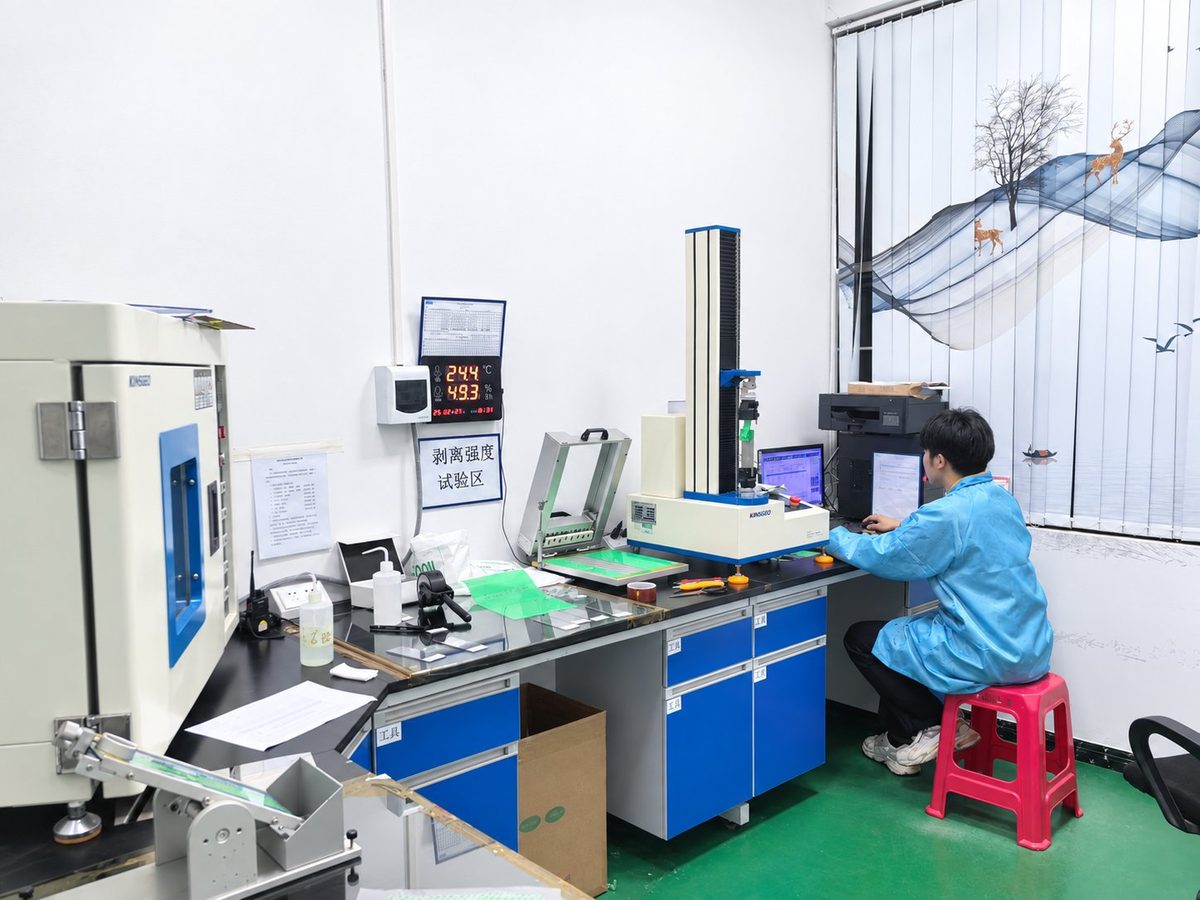 Peel-strength test area in Songyang's quality control laboratory, with a peel tester and test bench
