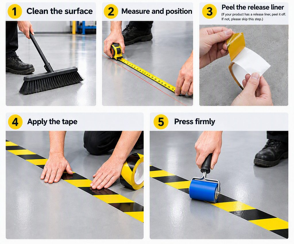 How to apply self-adhesive floor marking tape: clean the surface, measure and position the line, unroll the tape, apply it to the floor and press firmly with a hand roller