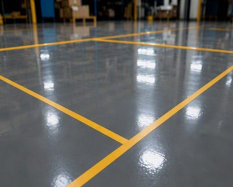 Yellow floor marking lines dividing a warehouse floor into storage and traffic zones